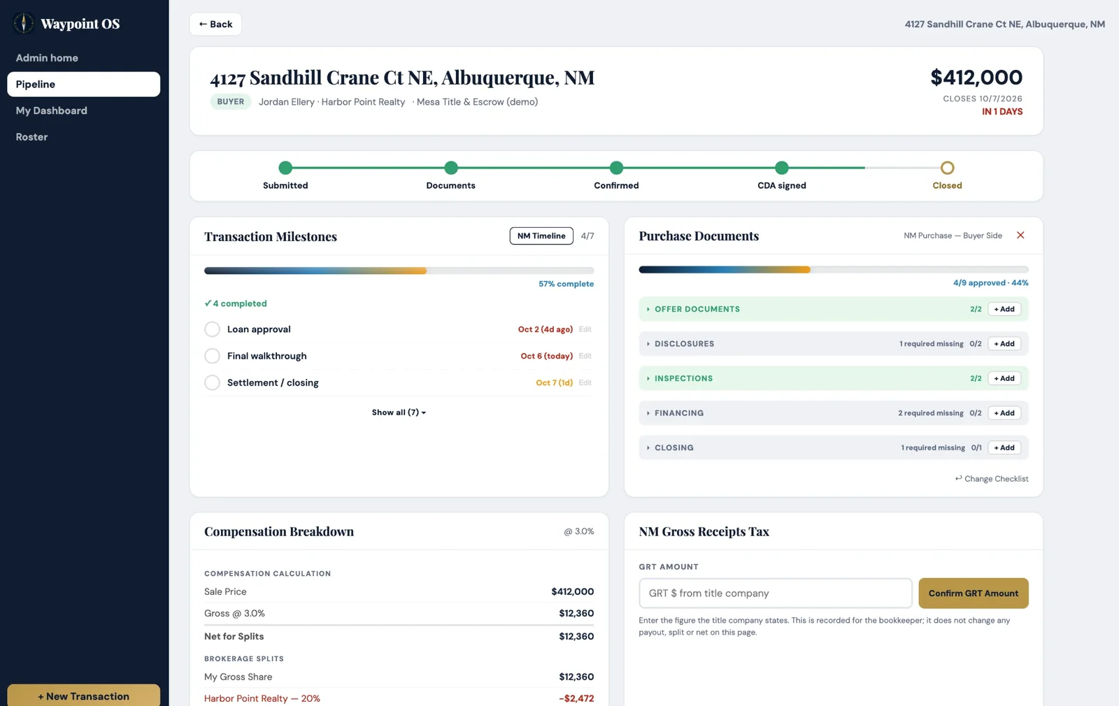 A deal page: progress from submitted to closed, transaction milestones, the purchase documents checklist and the compensation breakdown. Fictional demo data.